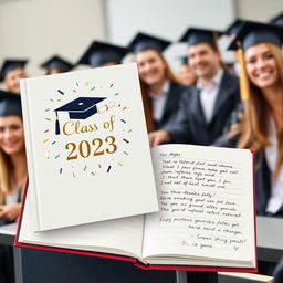 A beautifully designed graduation notebook featuring an elegant cover with the words 'Class of 2023' in gold embossed lettering