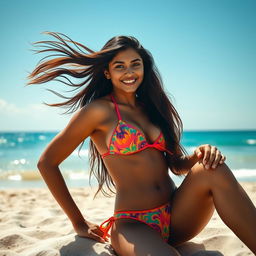 A captivating Indian bikini model, exuding charm and confidence by the beach