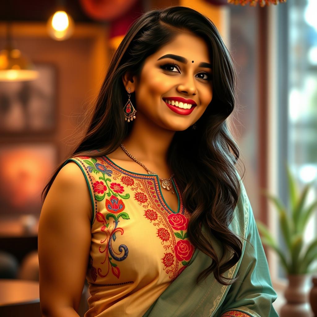 A captivating Indian woman with a chubby physique, elegantly dressed in a sleeveless desi blouse that beautifully accentuates her curves