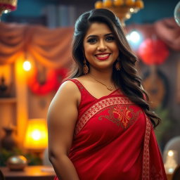 A captivating Indian woman with a chubby physique, elegantly dressed in a sleeveless desi blouse that beautifully accentuates her curves
