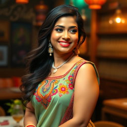 A captivating Indian woman with a chubby physique, elegantly dressed in a sleeveless desi blouse that beautifully accentuates her curves