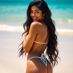 A captivating Indian model in a sexy mini bikini, looking back over her shoulder with a charming smile