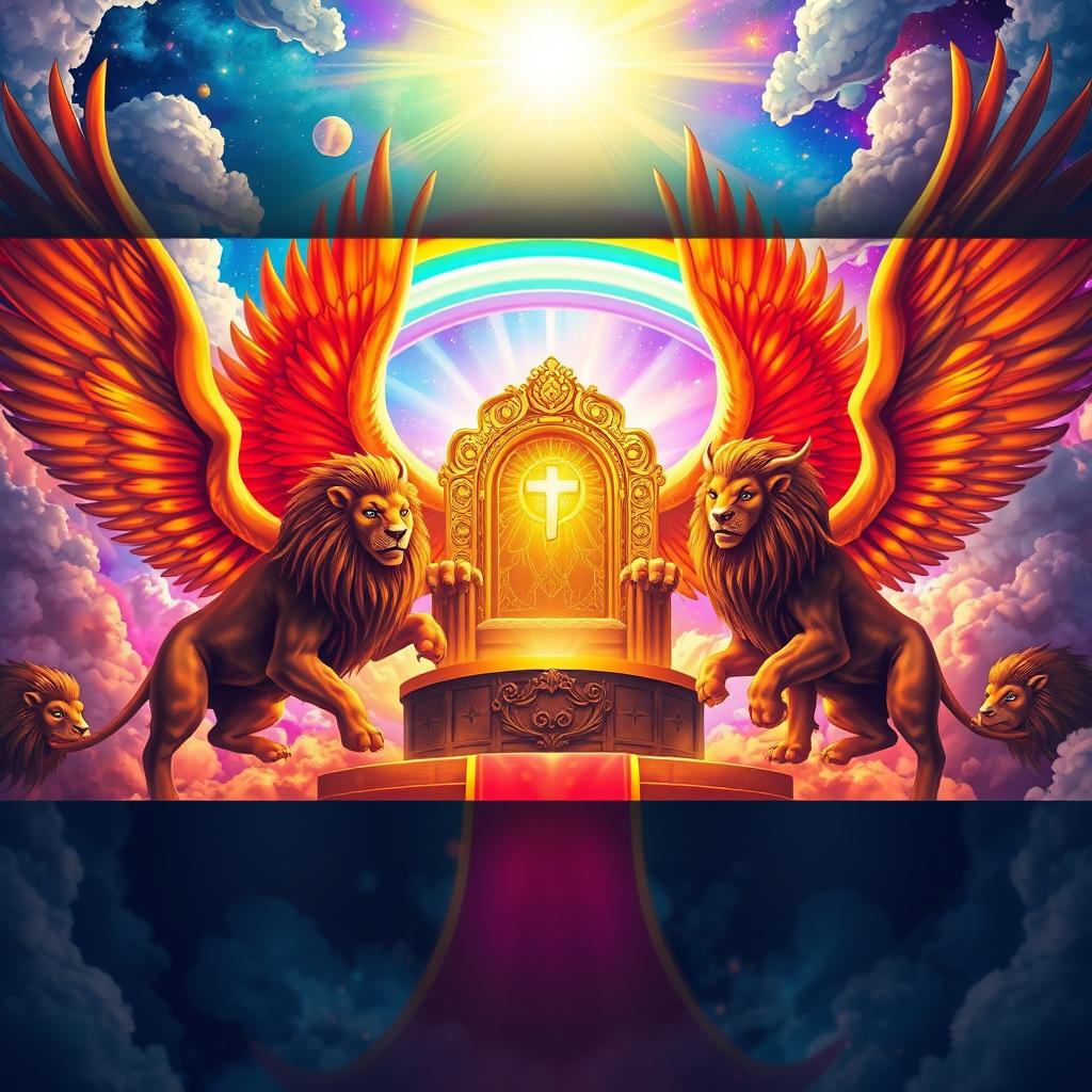 A dramatic and vibrant illustration depicting a heavenly scene inspired by Revelation 4:8, showing four magnificent living creatures around God's throne