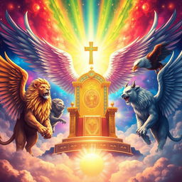 A dramatic and vibrant illustration depicting a heavenly scene inspired by Revelation 4:8, showing four magnificent living creatures around God's throne
