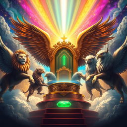 A dramatic and vibrant illustration depicting a heavenly scene inspired by Revelation 4:8, showing four magnificent living creatures around God's throne