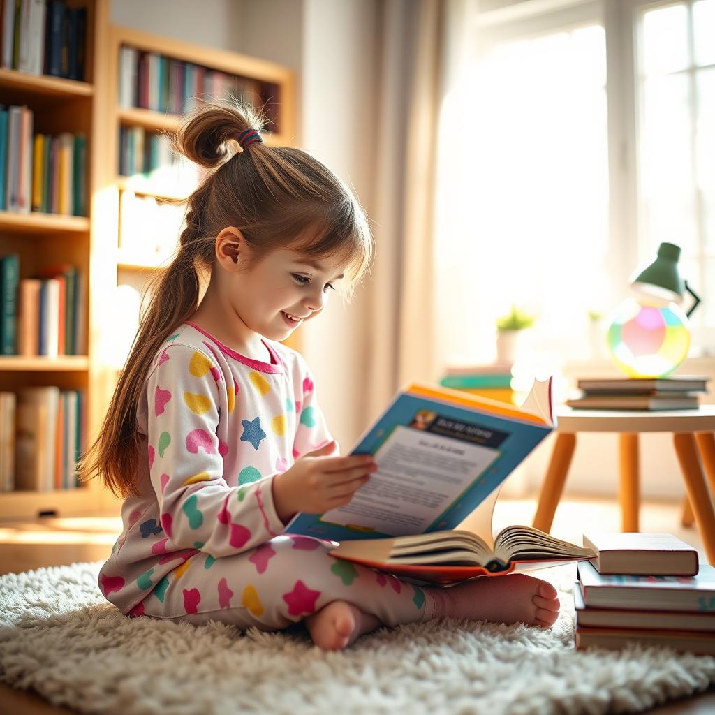 A young girl intently reading a book, surrounded by a cozy atmosphere in a bright and sunny room