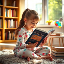 A young girl intently reading a book, surrounded by a cozy atmosphere in a bright and sunny room