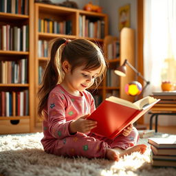 A young girl intently reading a book, surrounded by a cozy atmosphere in a bright and sunny room