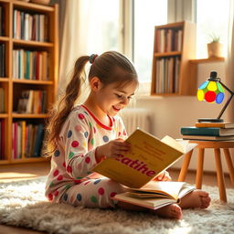 A young girl intently reading a book, surrounded by a cozy atmosphere in a bright and sunny room