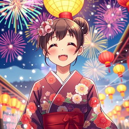 A vibrant anime-style illustration of a young woman celebrating New Year