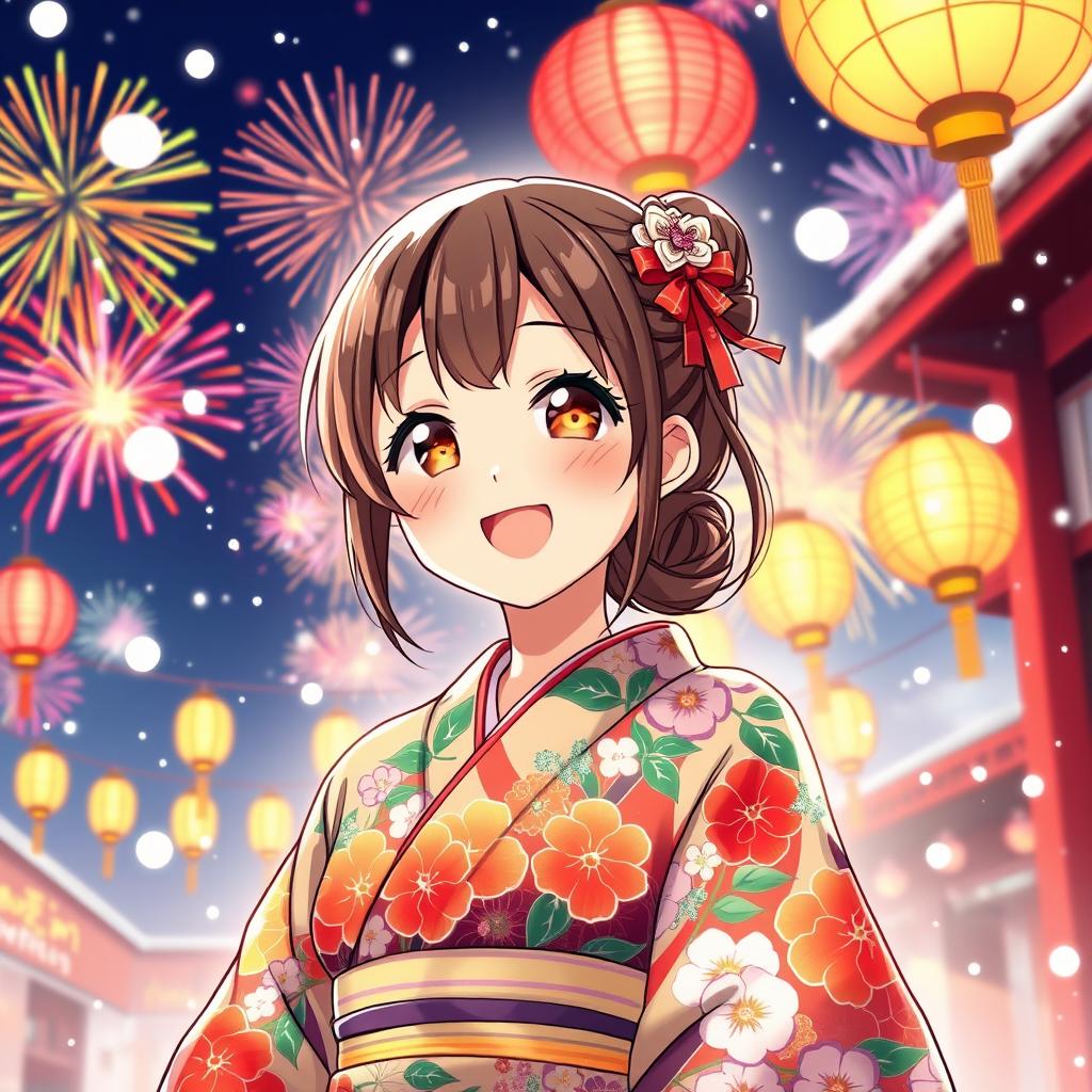 A vibrant anime-style illustration of a young woman celebrating New Year