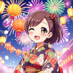 A vibrant anime-style illustration of a young woman celebrating New Year