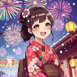 A vibrant anime-style illustration of a young woman celebrating New Year