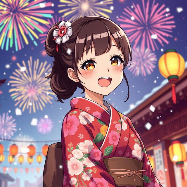 A vibrant anime-style illustration of a young woman celebrating New Year