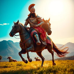 A majestic portrayal of Chatrapati Shivaji Maharaj riding a spirited horse, dressed in elaborate historical armor and traditional attire, with a regal turban adorned with jewels