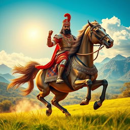 A majestic portrayal of Chatrapati Shivaji Maharaj riding a spirited horse, dressed in elaborate historical armor and traditional attire, with a regal turban adorned with jewels