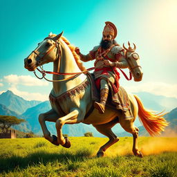 A majestic portrayal of Chatrapati Shivaji Maharaj riding a spirited horse, dressed in elaborate historical armor and traditional attire, with a regal turban adorned with jewels