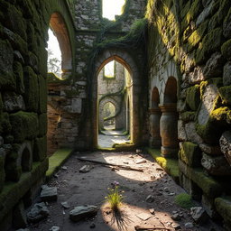 An ancient ruin with crumbling stone walls covered in green moss, vines intricately snaking through broken archways, creating a sense of nature reclaiming the structure