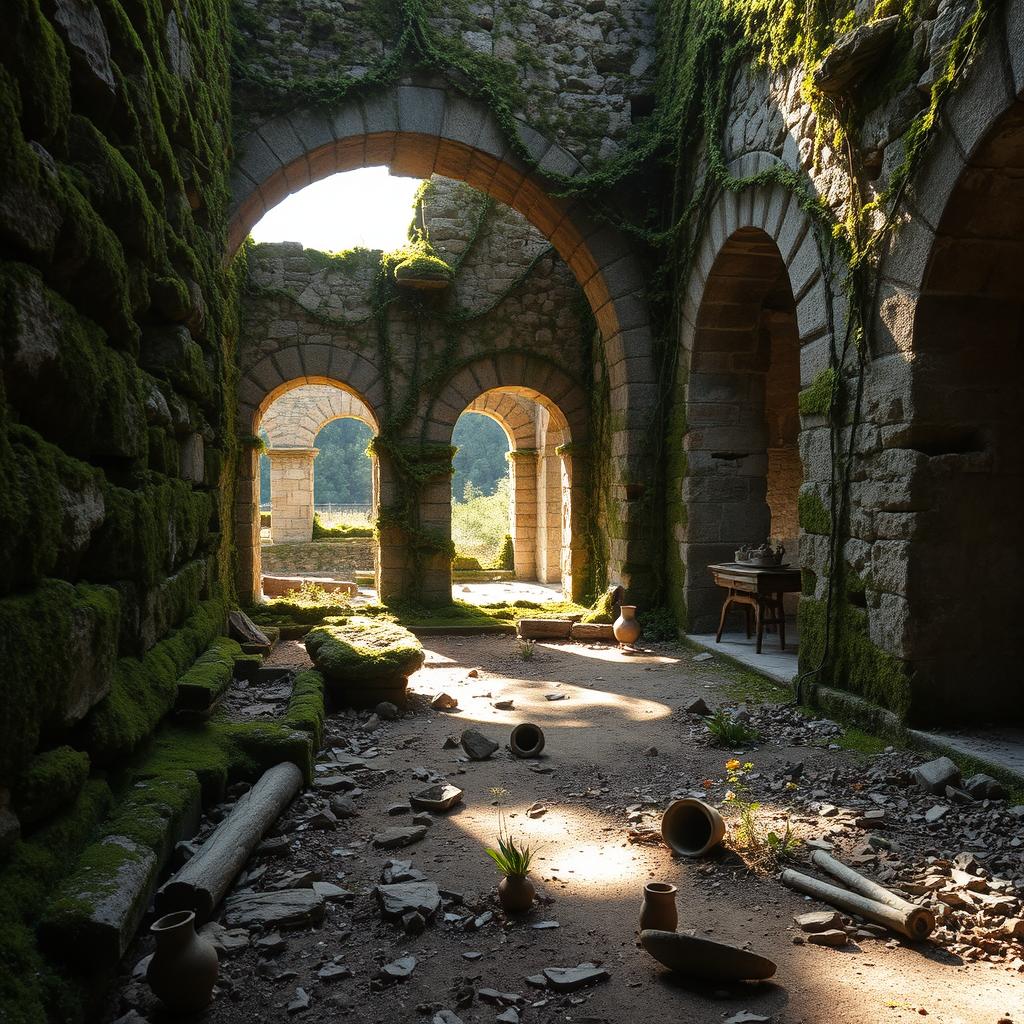 An ancient ruin with crumbling stone walls covered in green moss, vines intricately snaking through broken archways, creating a sense of nature reclaiming the structure