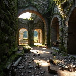 An ancient ruin with crumbling stone walls covered in green moss, vines intricately snaking through broken archways, creating a sense of nature reclaiming the structure
