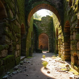 An ancient ruin with crumbling stone walls covered in green moss, vines intricately snaking through broken archways, creating a sense of nature reclaiming the structure