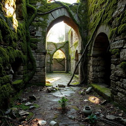 An ancient ruin with crumbling stone walls covered in green moss, vines intricately snaking through broken archways, creating a sense of nature reclaiming the structure