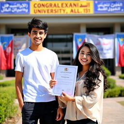 A vibrant profile picture capturing the moment of success for an Iranian boy and girl who have just passed their entrance exam