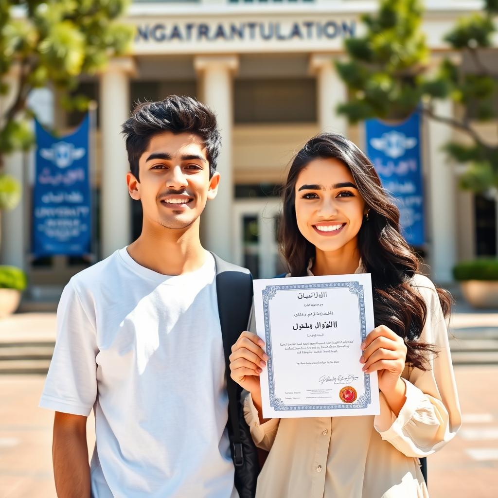 A vibrant profile picture capturing the moment of success for an Iranian boy and girl who have just passed their entrance exam