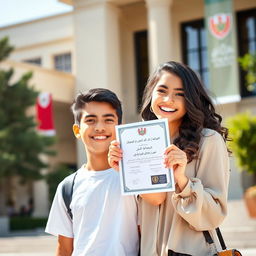 A vibrant profile picture capturing the moment of success for an Iranian boy and girl who have just passed their entrance exam