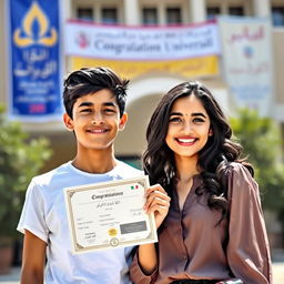 A vibrant profile picture capturing the moment of success for an Iranian boy and girl who have just passed their entrance exam