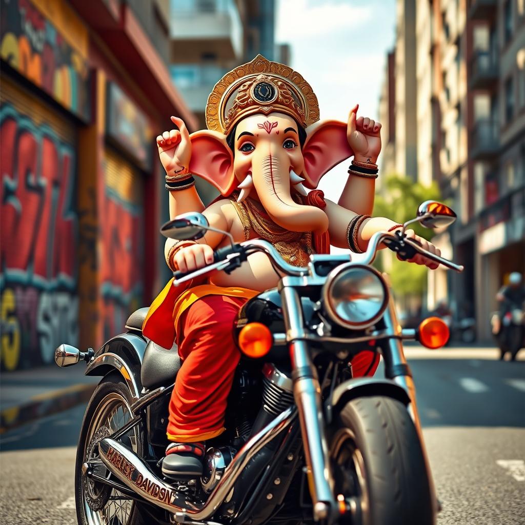 A vibrant and whimsical depiction of Lord Ganesha joyfully riding a Harley Davidson motorcycle