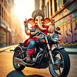 A vibrant and whimsical depiction of Lord Ganesha joyfully riding a Harley Davidson motorcycle