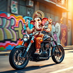A vibrant and whimsical depiction of Lord Ganesha joyfully riding a Harley Davidson motorcycle