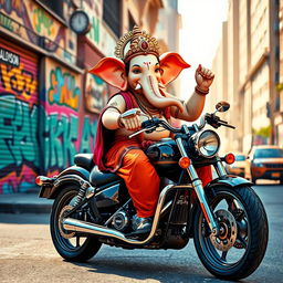 A vibrant and whimsical depiction of Lord Ganesha joyfully riding a Harley Davidson motorcycle