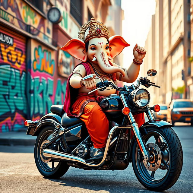 A vibrant and whimsical depiction of Lord Ganesha joyfully riding a Harley Davidson motorcycle