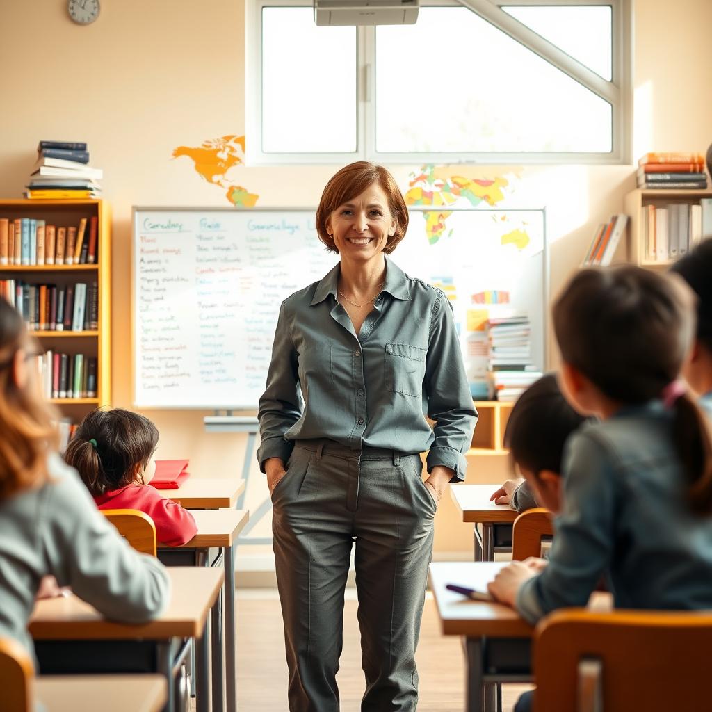 A scene featuring an English teacher in a bright and inviting language classroom