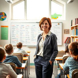 A scene featuring an English teacher in a bright and inviting language classroom