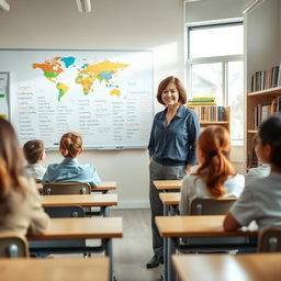 A scene featuring an English teacher in a bright and inviting language classroom