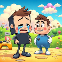 A humorous scene depicting a cartoonish Sony character with exaggerated features, crying comically while standing in front of a friendly-looking Xbox character