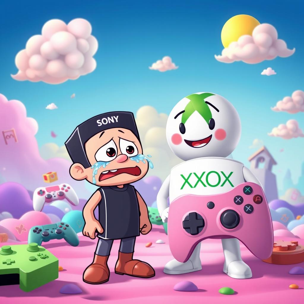 A humorous scene depicting a cartoonish Sony character with exaggerated features, crying comically while standing in front of a friendly-looking Xbox character