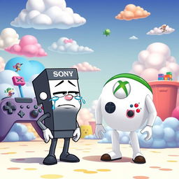 A humorous scene depicting a cartoonish Sony character with exaggerated features, crying comically while standing in front of a friendly-looking Xbox character