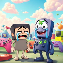 A humorous scene depicting a cartoonish Sony character with exaggerated features, crying comically while standing in front of a friendly-looking Xbox character