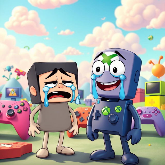 A humorous scene depicting a cartoonish Sony character with exaggerated features, crying comically while standing in front of a friendly-looking Xbox character