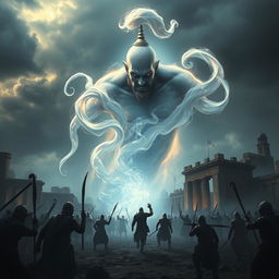 A fantastical scene depicting a mythical creature, a genie, looming over a dramatic battlefield, where the essence of death and doom is palpable