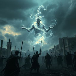 A fantastical scene depicting a mythical creature, a genie, looming over a dramatic battlefield, where the essence of death and doom is palpable