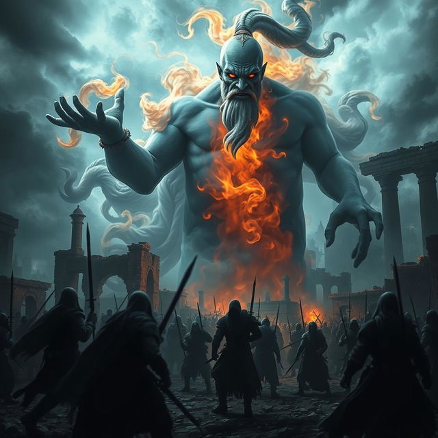 A fantastical scene depicting a mythical creature, a genie, looming over a dramatic battlefield, where the essence of death and doom is palpable