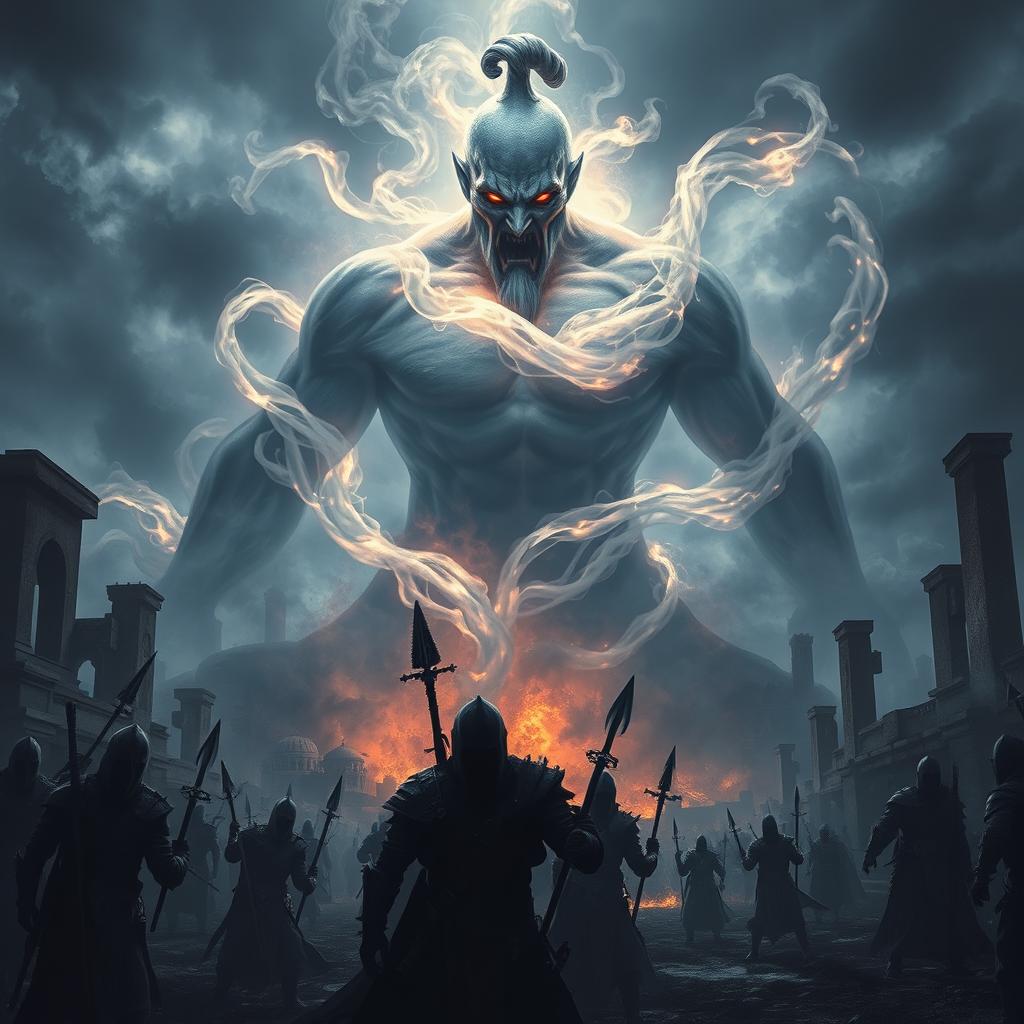 A fantastical scene depicting a mythical creature, a genie, looming over a dramatic battlefield, where the essence of death and doom is palpable