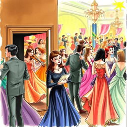 A drawing depicting a vibrant ballroom scene filled with motion and color, featuring swirling skirts and embroidered jackets of elegantly dressed dancers, accompanied by musicians playing lively tunes