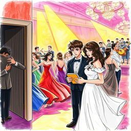 A drawing depicting a vibrant ballroom scene filled with motion and color, featuring swirling skirts and embroidered jackets of elegantly dressed dancers, accompanied by musicians playing lively tunes
