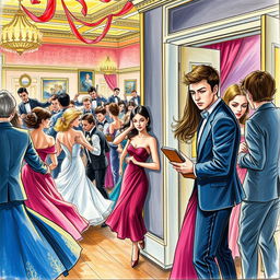 A drawing depicting a vibrant ballroom scene filled with motion and color, featuring swirling skirts and embroidered jackets of elegantly dressed dancers, accompanied by musicians playing lively tunes